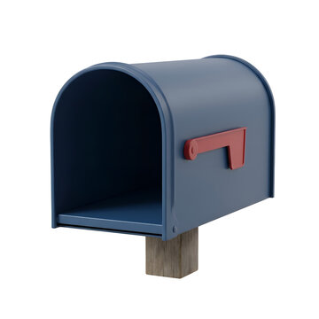 3D rendering of an open and empty classic blue mailbox with a red flag on a wooden post, isolated on a white background for communication concepts.