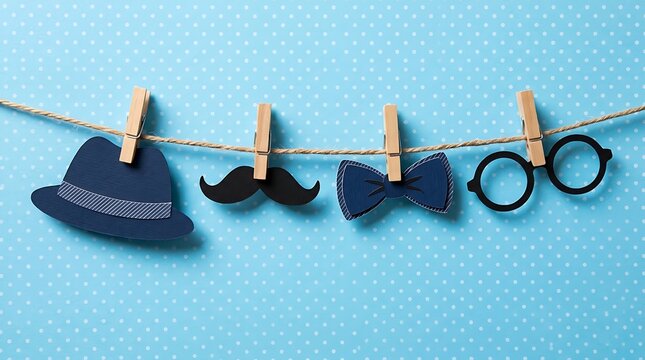 Mens accessories hat mustache bow tie and glasses hanging on string accessories mustache