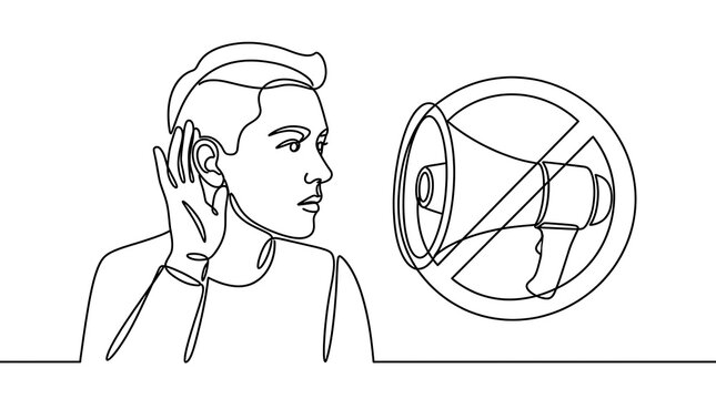Ignoring noise line art vector of person covering ear from megaphone listening