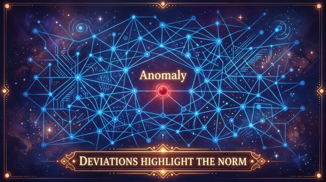 Abstract digital network anomaly concept with glowing connections, nodes, and a central red anomaly in cosmic background, highlighting deviations