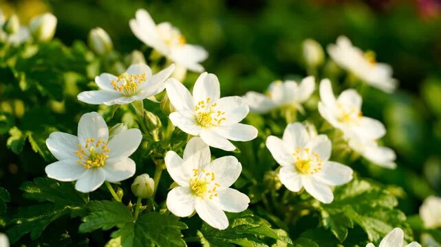 White Wood Anemone Flowers Blooming in a Sunny Spring Garden