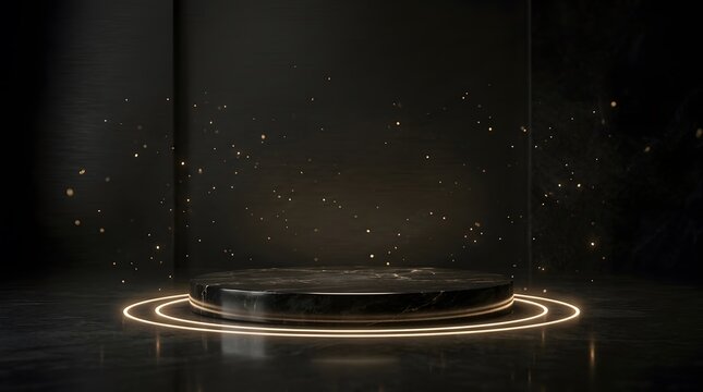 Empty black marble product display pedestal with glowing circular light and floating particles