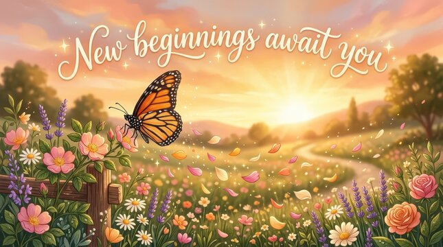 A beautiful monarch butterfly lands on wildflowers in a sun-drenched meadow with a winding path and the inspirational message 'New beginnings await yo
