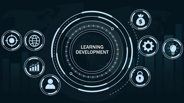 Learning and development digital interface featuring animated hud global network corporate training concepts, modern infographic data visualization, and futuristic ui technology