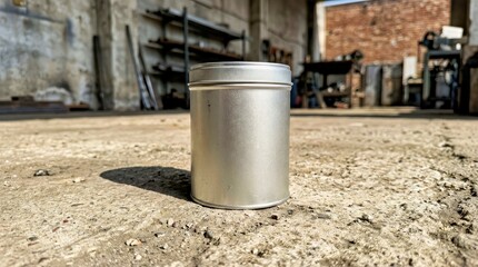 Naklejka premium Empty Silver Metal Canister on Rough Concrete Industrial Floor With Machinery Background