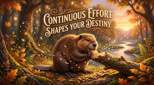 A beaver diligently gnawing on a tree trunk in a vibrant autumn forest, inspiring message of continuous effort