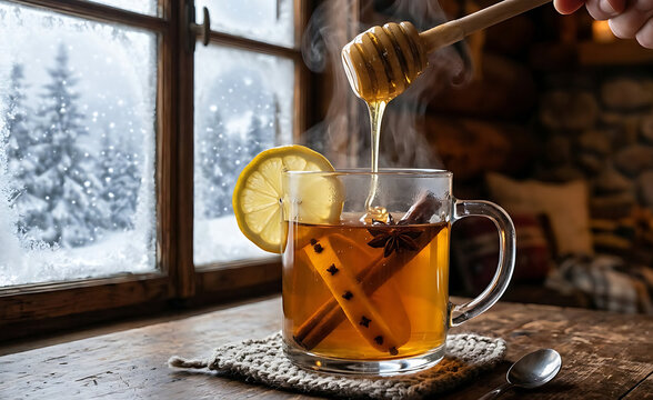  honey slowly drizzling into a glass mug of traditional hot toddy with bourbon, fresh lemon slice, and clove-studded orange peel,