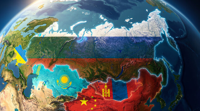 Satellite view earth map features russian flag and kazakhstan borders for global geography and political concepts.