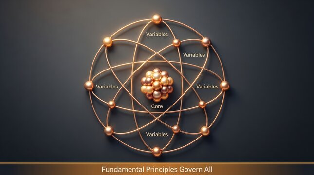 Abstract atomic structure visualization with core and variable connections, representing fundamental principles and interconnectedness in science or b
