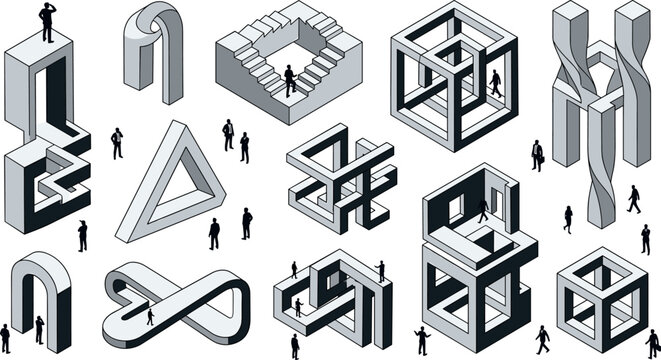 Surreal isometric impossible shapes set featuring penrose triangle, paradox staircases, optical illusions, and business figures vector elements