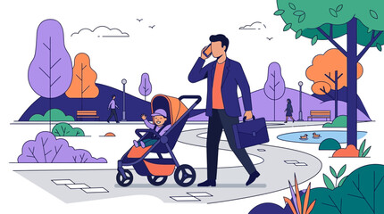 Fototapeta premium Multitasking Businessman Father Pushing Baby Stroller in Park