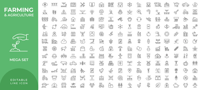 Farming web icons in line style. Agriculture, planting, fertilizer, vegetables, tractor, farmers, fence, farm buildings, collection. Editable stroke