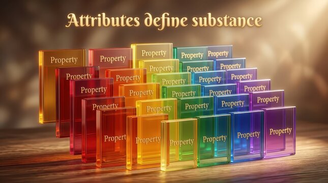 Abstract concept of property and assets visualized by colorful glass blocks with the word 'PROPERTY' engraved, arranged in a pyramid formation, symbol