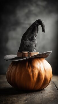 Halloween holiday. Halloween pumpkin with a magic black hat, magical pumpkin head, wizard in a hat, beautiful pumpkin with a magic hat. High quality