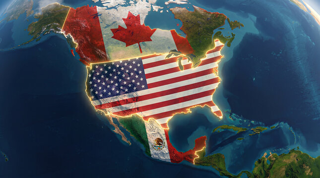 North america globe digital model with highlighted united states canada mexico national flags for regional map imagery.