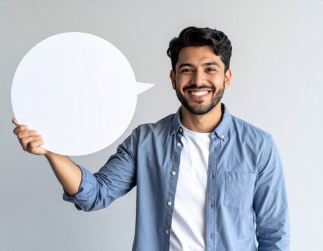 A smiling young man holding a blank white speech bubble sign.