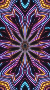 Abstract kaleidoscopic pattern with vibrant neon glowing lines and symmetrical shapes.