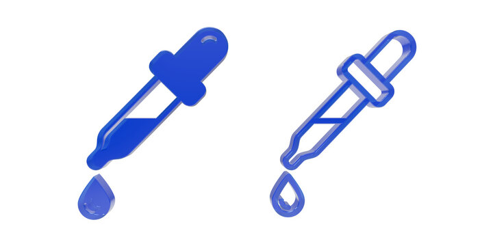 Blue medical dropper pipette symbol icon with falling drop as clean cutout