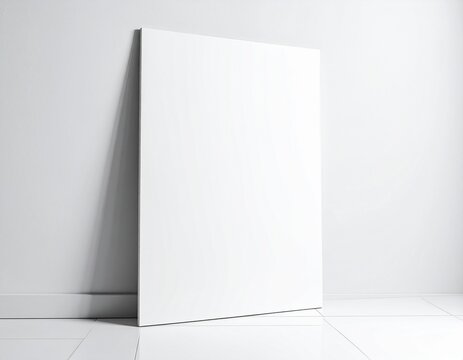 Blank white vertical poster frame leaning against a clean minimalist wall.