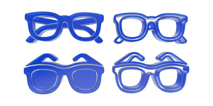 Blue eyeglasses symbol icon set rendered in 3D style as transparent cutout