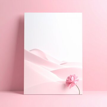 Minimalist vertical poster mockup with soft pink abstract waves and a single delicate flower.