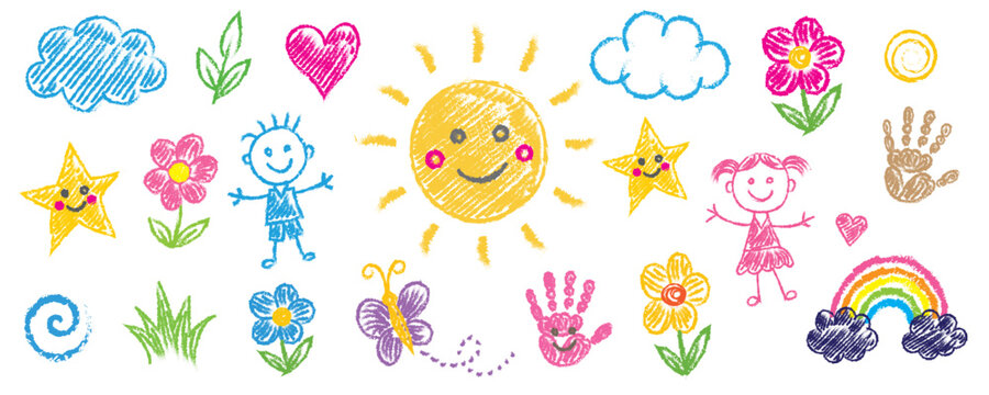 Set of colorful hand drawn chalk children style illustrations on transparent background.