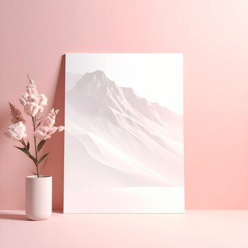 Minimalist interior scene with a mountain landscape print and a vase of flowers against a pink wall.