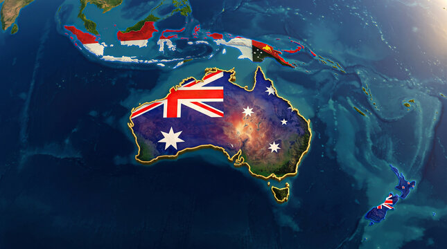 Satellite view australian continent map featuring national flag overlay glowing gold borders across blue ocean water.