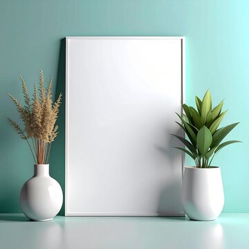 Blank white picture frame mockup with decorative potted plants on a teal wall background.