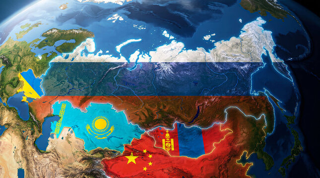 Central asia globe map rendering with russian kazakh mongolian and chinese flag territories for geopolitical visual aid.