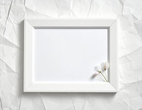 Minimalist white picture frame with a small delicate flower on crumpled paper background.