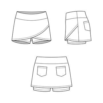 Skort active performance crossover front waistband back pocket detail fashion flat sketch technical drawing template design vector