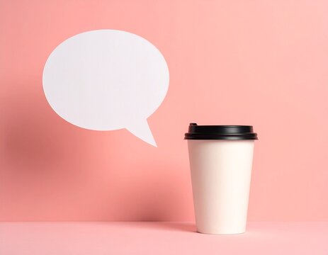 A white coffee cup with a blank speech bubble on a pink background.