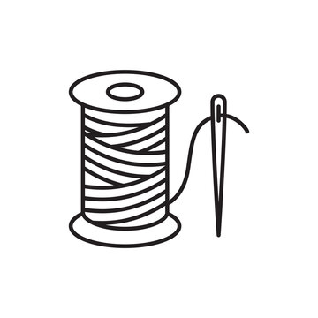 Minimalist line art icon of a spool of waxed thread paired with a stitching needle.