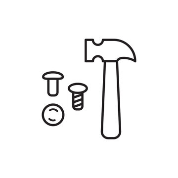 Minimalist line art icon of rivets, metal studs, and a setting hammer tool for leathercraft.