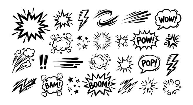 Comic Book Speech Bubbles Explosions and Action Effects Vector Set