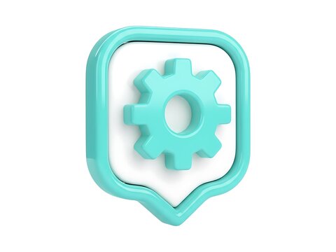 A 3d render of a teal gear icon inside a speech bubble for user interface