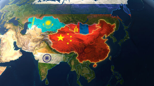Asian countries economic map displaying national flags global trade partnership geopolitics and international relations.