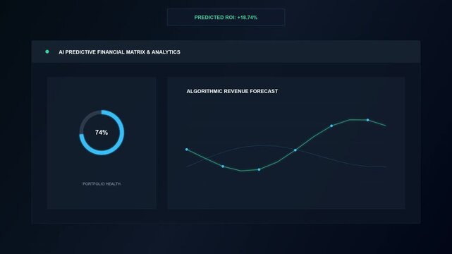 digital interface displaying an AI predictive financial matrix with portfolio health percentage and algorithmic revenue forecast graphs in real-time.