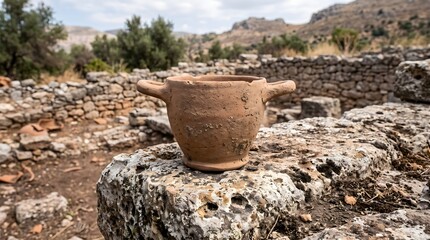 Naklejka premium Ancient Greek Clay Wine Cup on Stone for Classical Culture and Mythology Concept