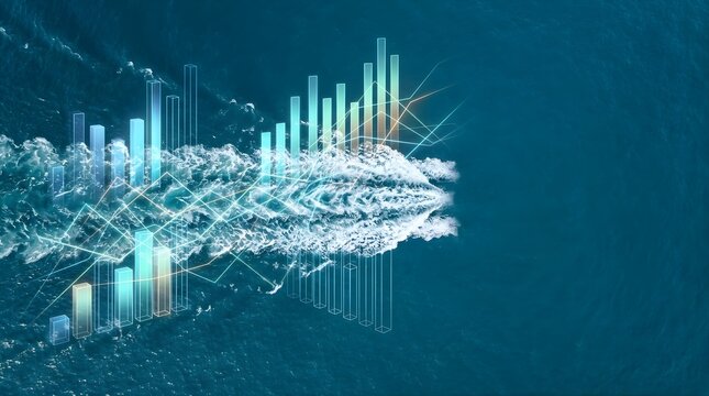 Financial bar charts overlaying ocean wake for business data analysis