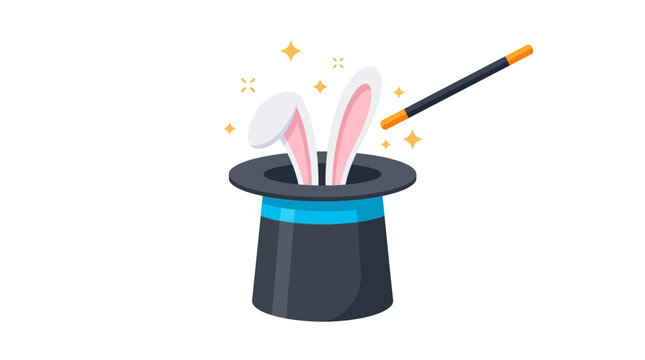 White fluffy rabbit ears emerging from black magic hat with golden sparkles and glowing wand