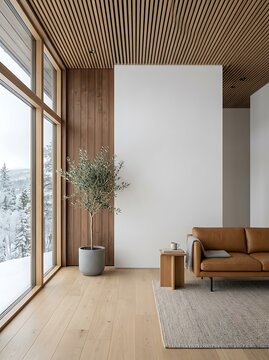 Modern scandinavian living room interior with large windows, snow views, wooden slat ceiling, and minimalist furniture