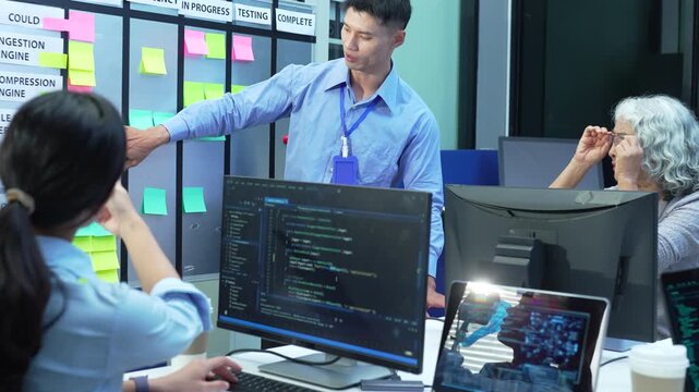 programmers brainstorming secure data storage and network systems working in website a software and coding technology.