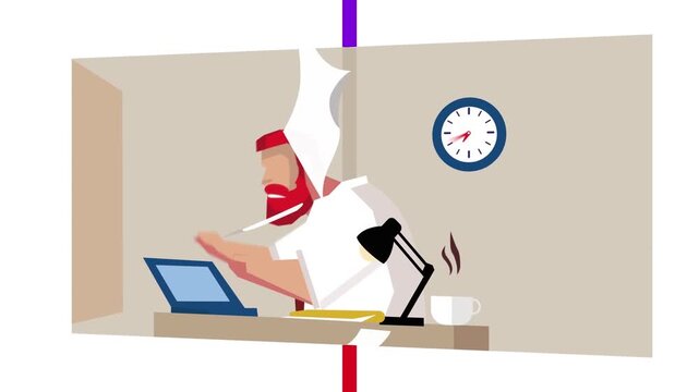 2D animation of an overworked man sitting at a desk with flying papers and laptop workplace stress deadline concept