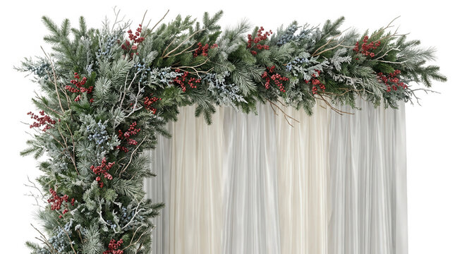 Eine festliche Weihnachtsdekoration aus Tannenzweigen, beschneiten Nadeln und roten Beeren, die einen eleganten wei&szlig;en Vorhang vor einem isolierten Hintergrund kunstvoll umrahmt und dekoriert.