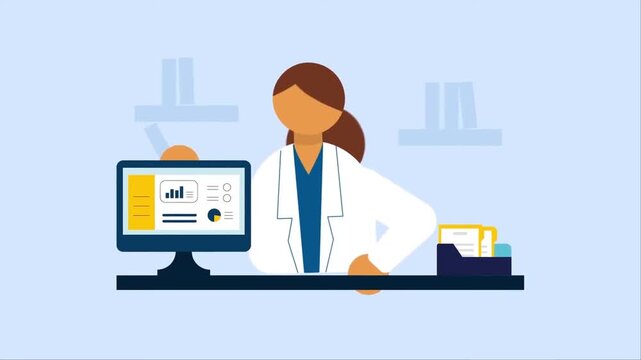 2D animation of a female doctor in lab coat working at desk with computer screen health data research concept