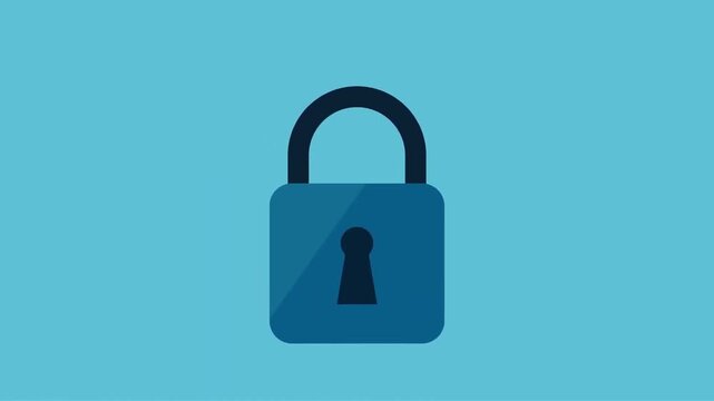2D animation close up of a blue pad lock opening representing security access unlock data protection concept