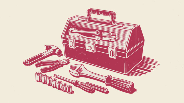 Vintage toolbox with hand tools vector illustration, retro red metal tool box, classic hammer and wrench set for repair and construction