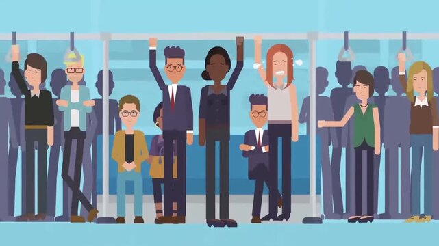 2D animation of diverse commuters standing inside a crowded public transit vehicle holding handrails daily trip